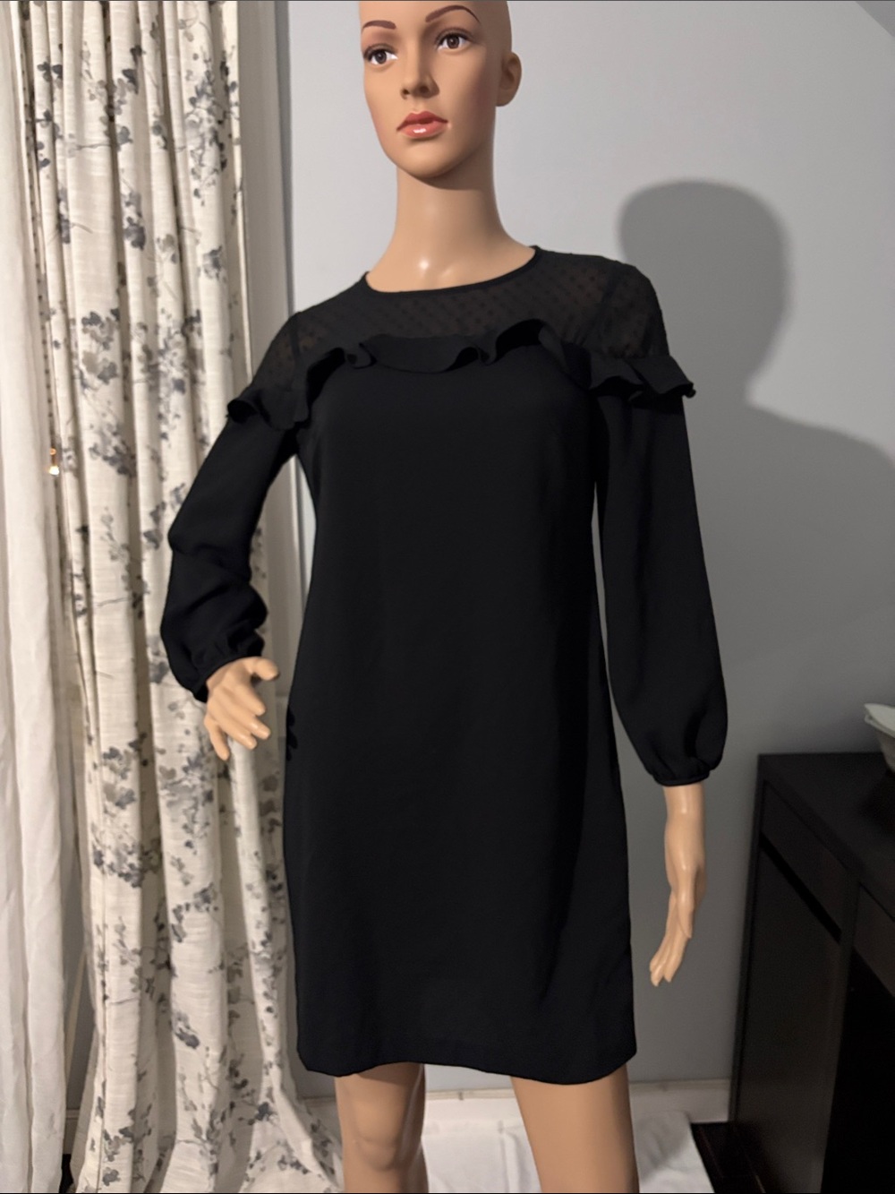 LOFT Black Ruffle Yoke Long Sleeve Dress